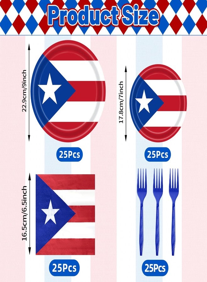 Geodurn 100 Pcs Puerto Rico Flag Party Supplies - Serves 25, Red White Blue Disposable Tableware, Includes Paper Plates, Napkins, and Plastic Forks for Puerto Rican Fiesta, National Day, Cultural Celebrations - Image 2